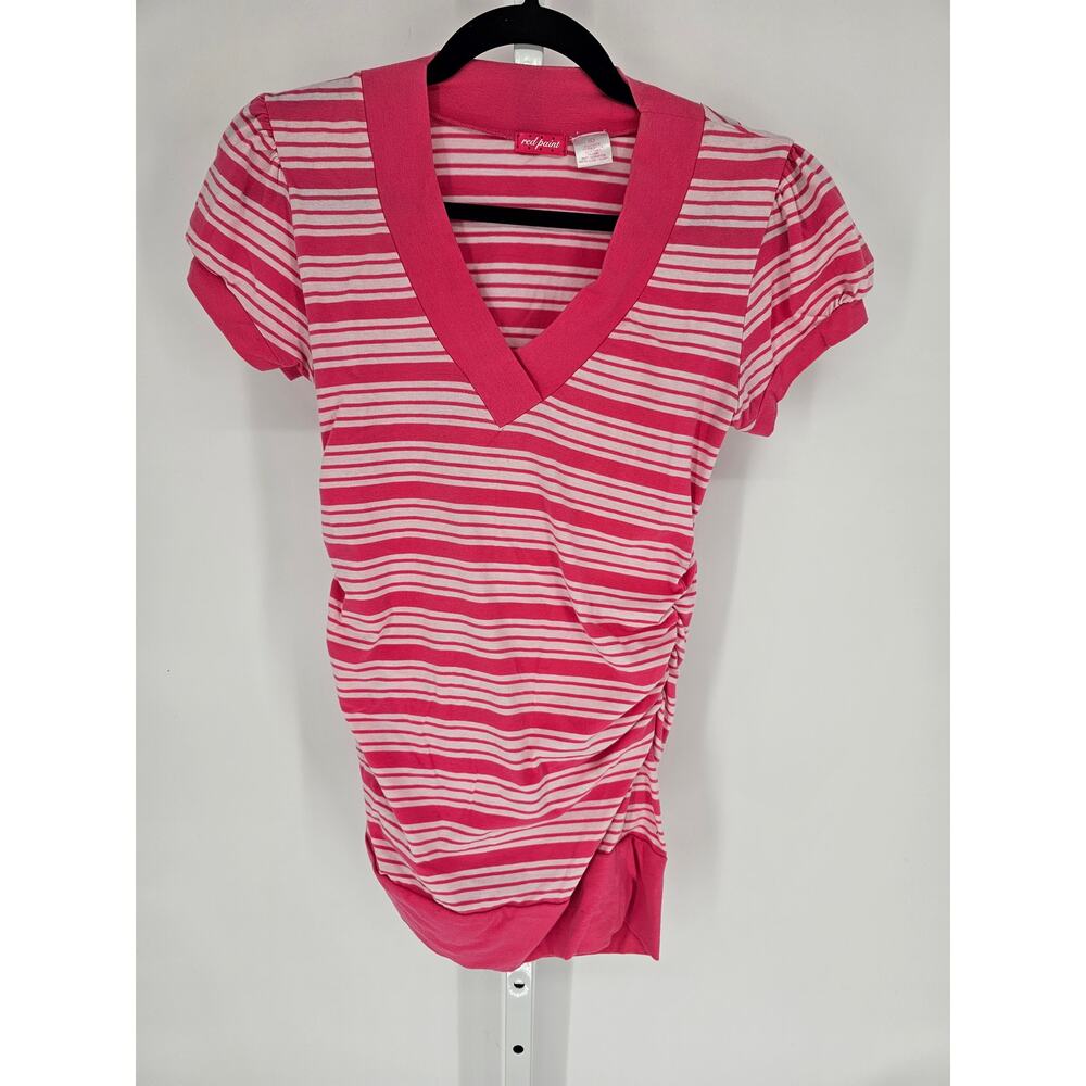 Red Paint Women's Pink Stripped V-neck Short Sleeve Blended Fiber Top Size L